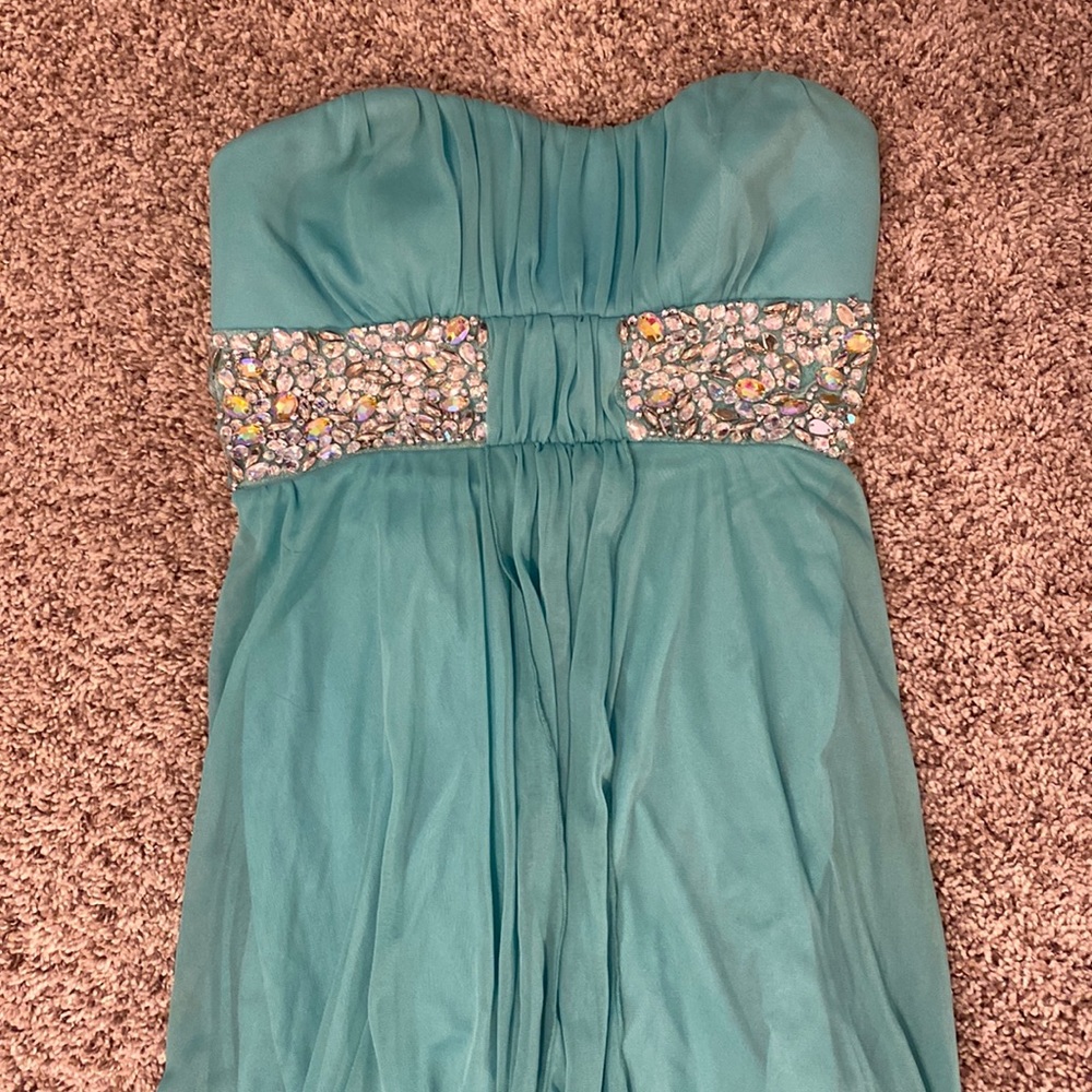 Turquoise formal dress with rhinestones